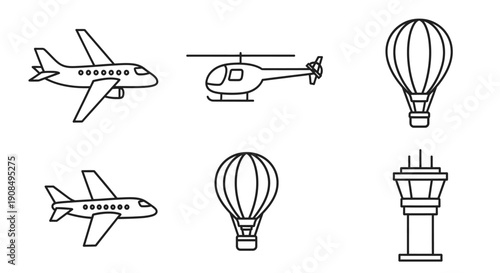 Set of Aviation Icons Featuring Airplanes, Helicopter, Hot Air Balloons, and Control Tower in Line Art on Isolated White Background
