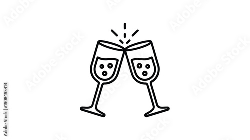 Two wine glasses clinking in a simple black and white illustration