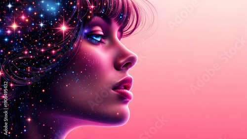 A female disco queen at night under a starry sky, with space for text.