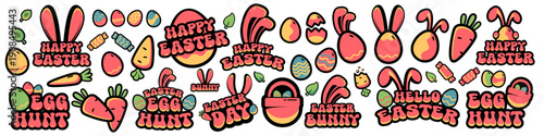 Cute pink Easter sticker set with rabbit ears and carrots isolated on white, hand-drawn doodle silhouettes. Easter stickers collection with bunny ears and eggs, egg Hunt and Happy Easter labels