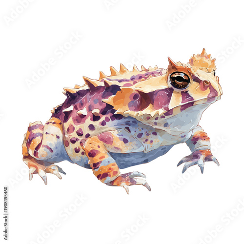 Watercolor isometric artwork featuring Horned Toad, presented on white background.