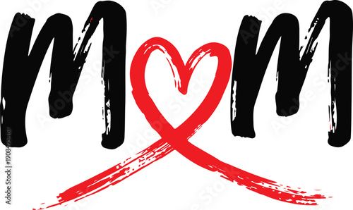 A graphic with the word "mom" in cursive and a red heart.
