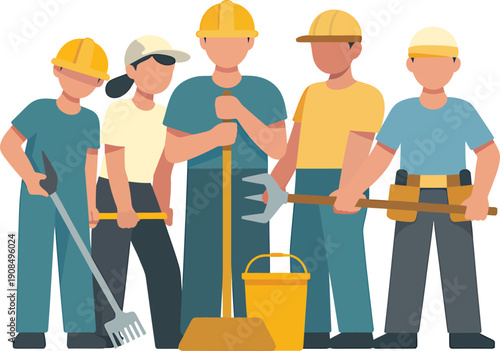 Five construction workers with tools and hard hats standing together shovel bucket
