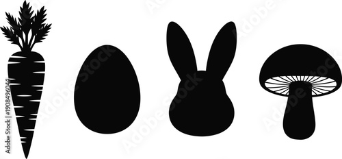 Silhouettes of a carrot oval rabbit and mushroom isolated on transparent background