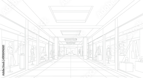Architectural line drawing showcasing a symmetrical view down a modern shopping mall corridor lined with retail store windows displaying female mannequins and merchandise.