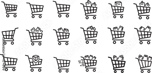 A collection of diverse shopping cart icons in a variety of styles and orientations Vector