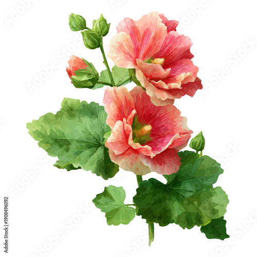 Isometric watercolor rendering of Hollyhock Flower, isolated on a clean white background.
