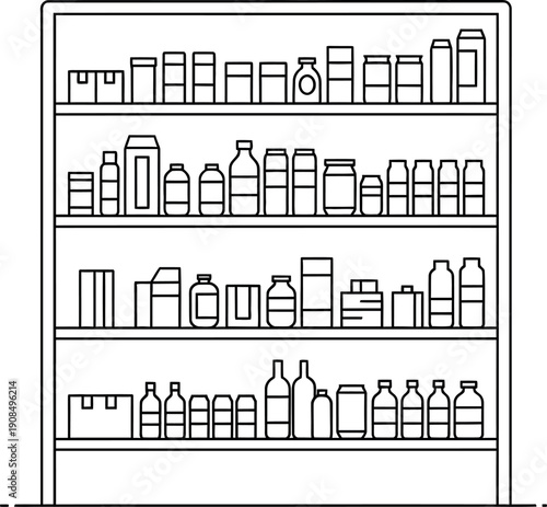Simple black and white line art illustration depicting a tall storage shelving unit completely filled with various jars bottles and packaged goods representing pantry organization or retail display