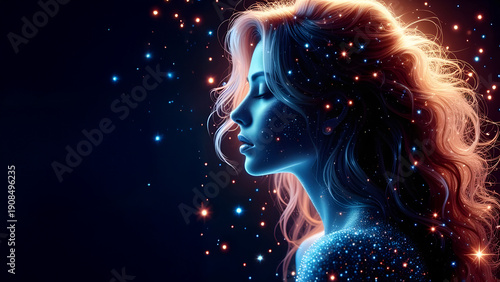 A female disco queen at night under a starry sky, with space for text. Dark mode.