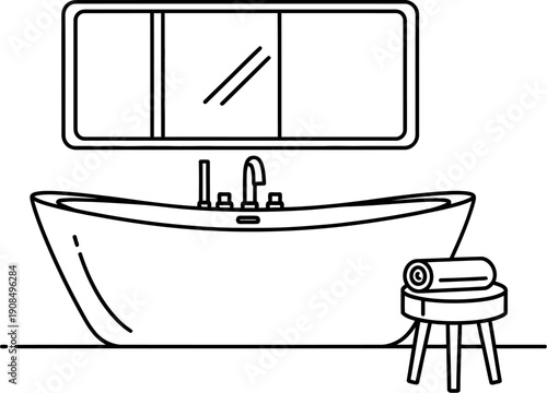 Minimalist line art illustration depicting a sleek contemporary bathtub setup with a wall mirror and small side table holding a neatly rolled towel for relaxation.