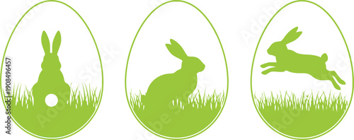Three green easter egg bunny silhouettes isolated on transparent background