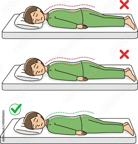 Correct and incorrect sleeping position infographic showing spine alignment on mattress for back pain relief and healthy orthopedic posture vector illustration design.