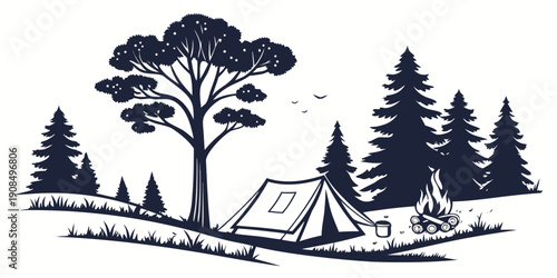 A serene campsite nestled in a forest with a large tree and a tent.