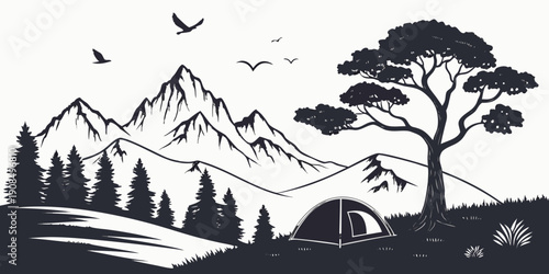 A serene landscape with mountains, trees, and a lake under a clear sky