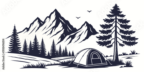 A serene campsite nestled in a valley surrounded by towering mountains and evergreen trees