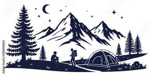 A serene campsite nestled in the mountains under a starry night sky