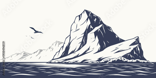 A solitary bird soaring above a majestic, snow-capped mountain peak