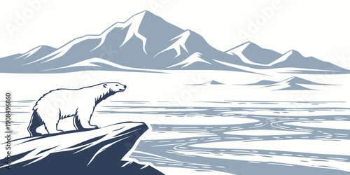 Polar bear standing on a rock overlooking a vast icy landscape with mountains in the distance