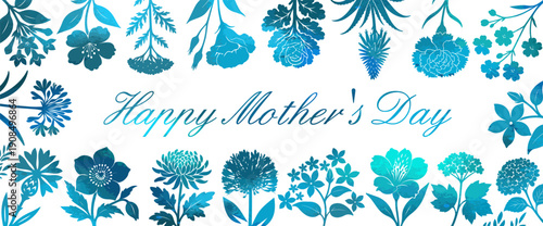 Postcard with white flowers on a Blue background. Happy Mother's Day Hand drawn. Not AI vector