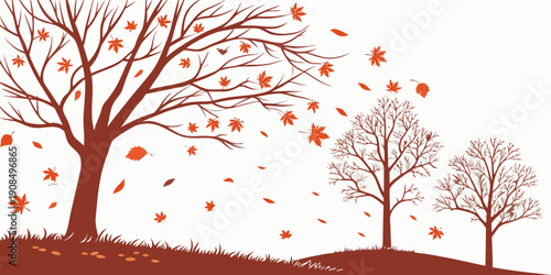 A serene autumn scene with trees shedding their orange leaves on a calm landscape.