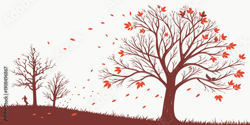 Two trees with red leaves standing in a field with a sunset sky.