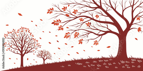 A serene autumn scene with trees shedding their colorful leaves on a gentle hillside.