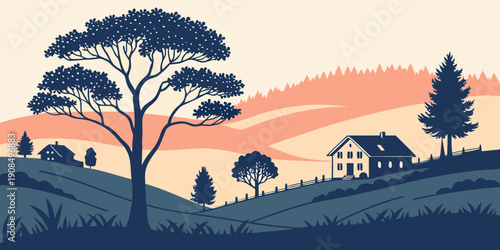 A serene landscape with trees and animals under a colorful sunset sky