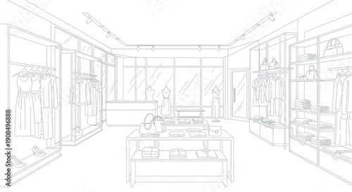 Detailed black and white line art illustration of a modern boutique interior showcasing clothing racks display tables and various fashionable apparel items for sale