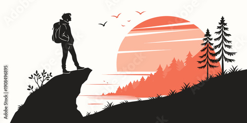 A lone hiker stands on a cliff overlooking a serene sunset and vast forest landscape