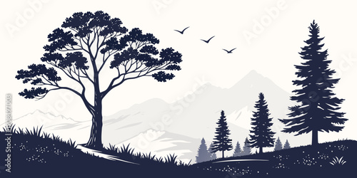 Silhouette of trees and birds against a full moon in a serene night landscape