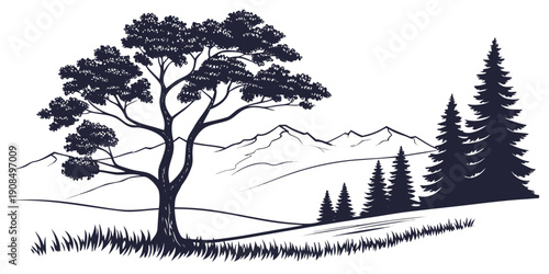 A serene landscape with a large tree and distant mountains under a starry night sky