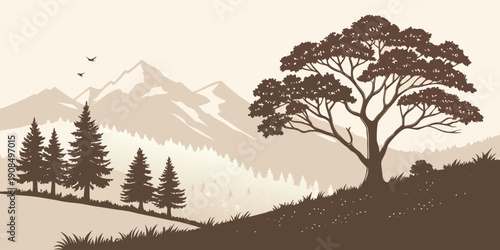 A serene landscape featuring a large tree and a mountain range in the background