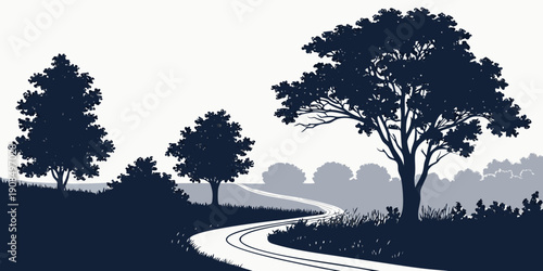 A serene landscape featuring a winding path surrounded by trees and distant mountains