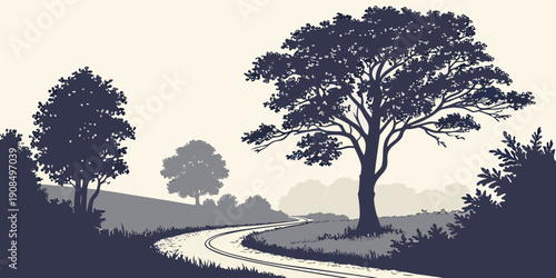 A serene landscape of trees and a winding path under a clear sky