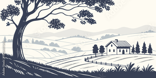 A serene countryside landscape with a farmhouse and rolling hills under a tree.