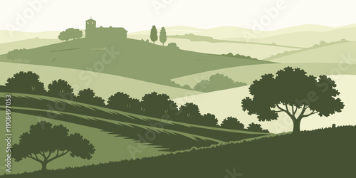 A serene landscape with a castle perched on a hill overlooking a lush green valley