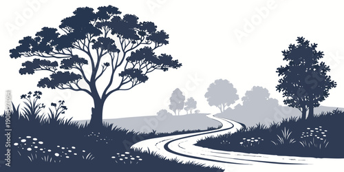 A serene winding path through a tranquil forest landscape with trees and distant mountains