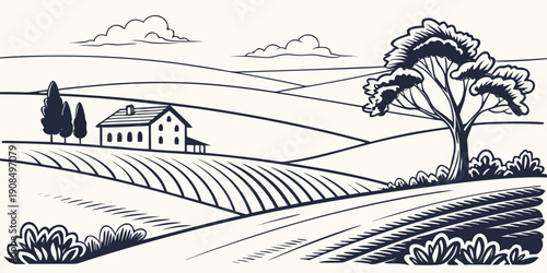 A serene countryside landscape with a farmhouse and rolling fields