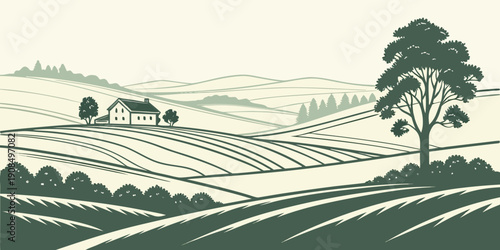 A serene countryside landscape with rolling hills and farmland under a clear sky