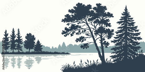 A serene landscape with trees, mountains, and a lake in the distance