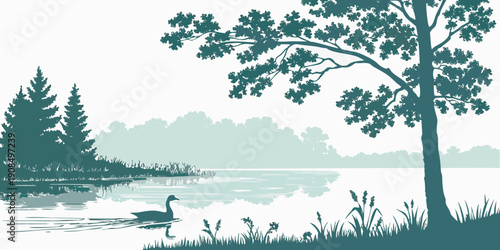 A serene landscape with a majestic tree and a tranquil lake in the background