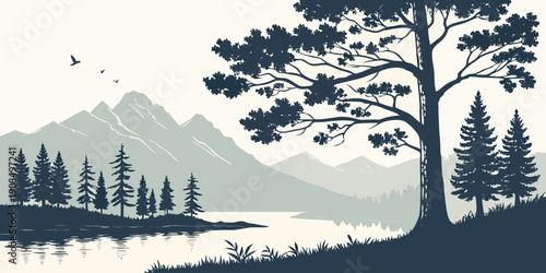 Silhouette of tall trees against a mountain range during sunset