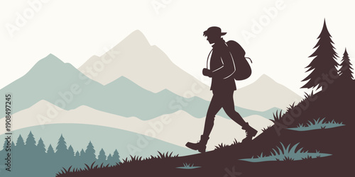 A lone hiker trekking through a serene mountainous landscape filled with trees.
