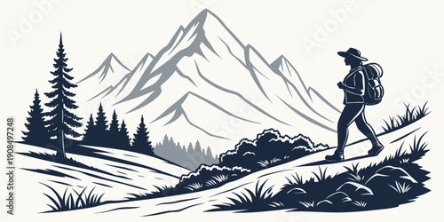 A hiker stands triumphantly on a mountain ridge with a scenic view of snow-capped peaks