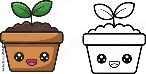Cute plant pot illustration set, smiling cartoon pots with sprouting leaves, colored and outline versions, children’s artwork theme, flat vector design