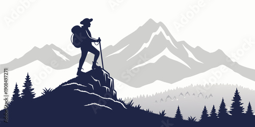 A hiker stands triumphantly atop a mountain peak, overlooking a vast range.