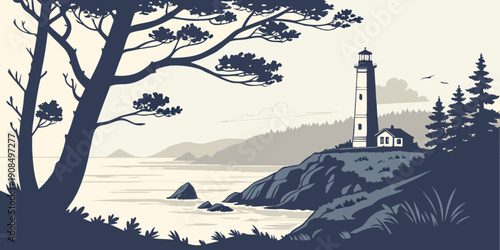 A serene lighthouse standing tall on a rocky cliff overlooking the vast ocean