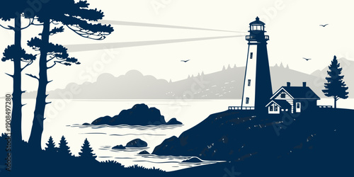 A serene lighthouse standing tall on a rocky coastline at dawn.