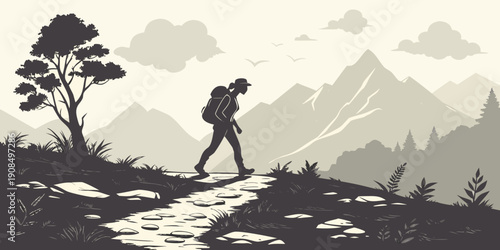 A lone hiker embarks on a journey through a serene, mountainous landscape.