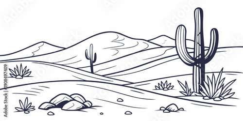 A serene desert landscape with cacti and rolling hills under a clear sky